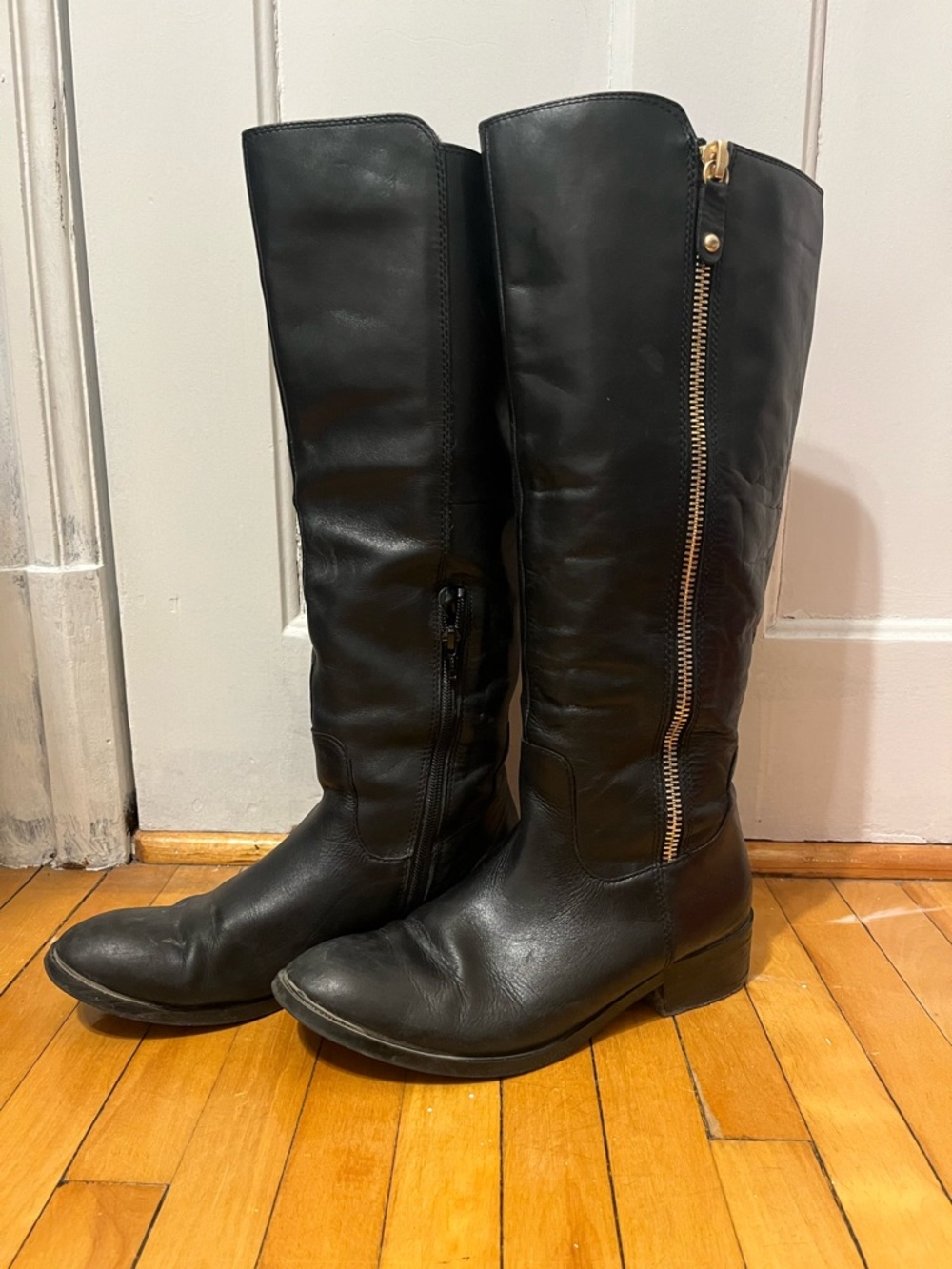 ALDO Black Tall Leather Riding Boots with Gold Side Zipper